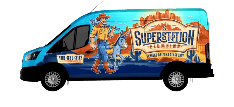 Superstition Plumbing van wrapped with the brand illustration — on the road daily across the East Valley